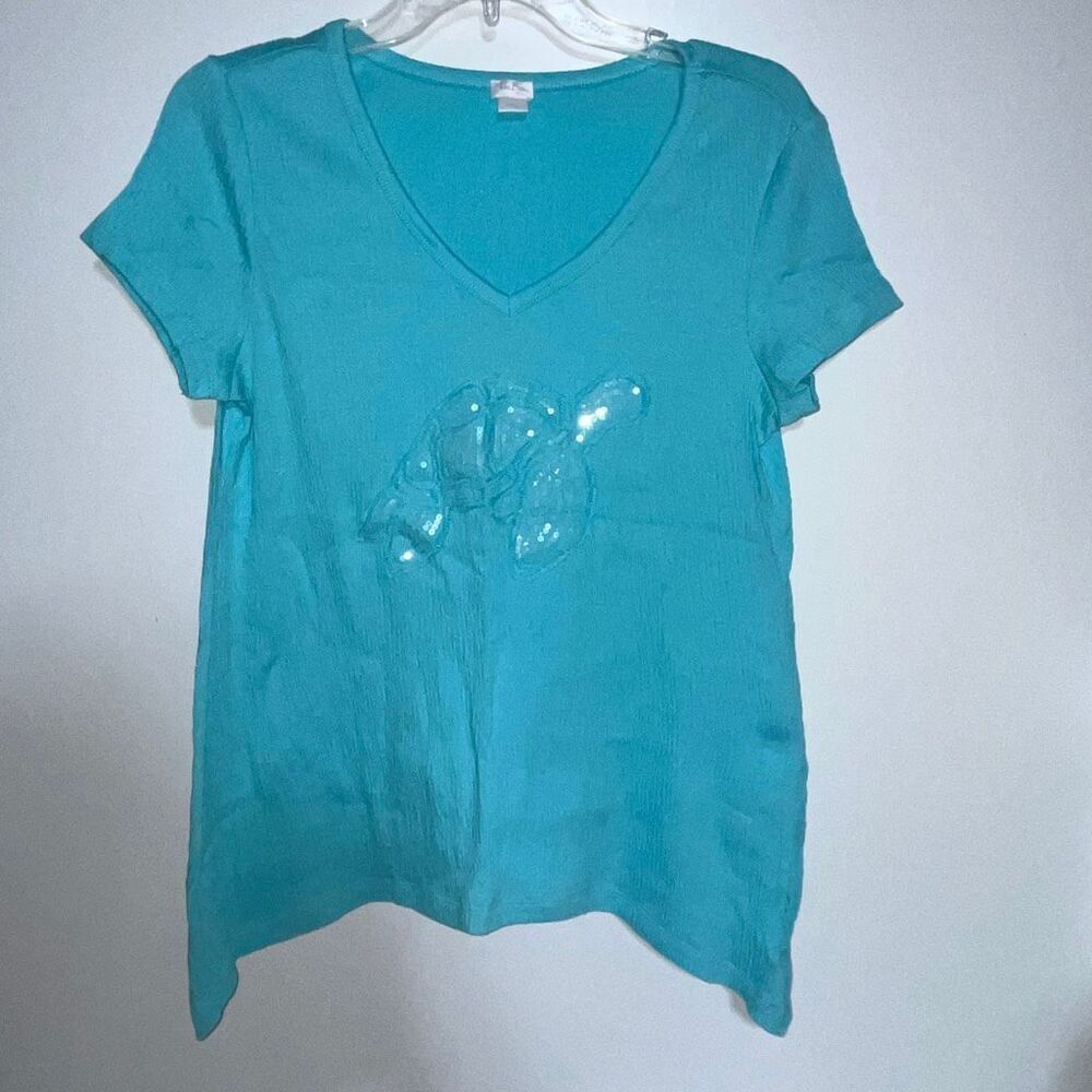 Sun Bay Missy Women's Blue Sequined Turtle V-Neck Short Sleeve T-Shirt‎ Small